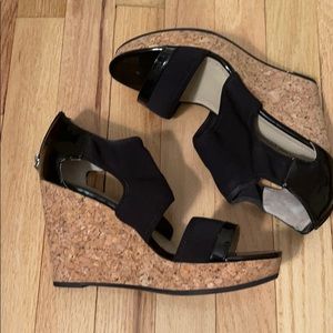 Black patent leather with cork wedge